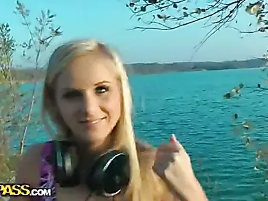 Blonde sucking near the lake