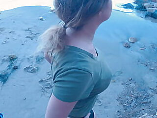Giving stepmom a creampie while out walking on the beach POV